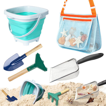 LIDAGO 5 Pcs Sand Toys Beach Set Include 1 Metal Shovel,1 Metal Rake,1 Foldable Beach Bucket & 1 Sand Sifter with 1 Mesh Beach Bag for Shells Collecting
