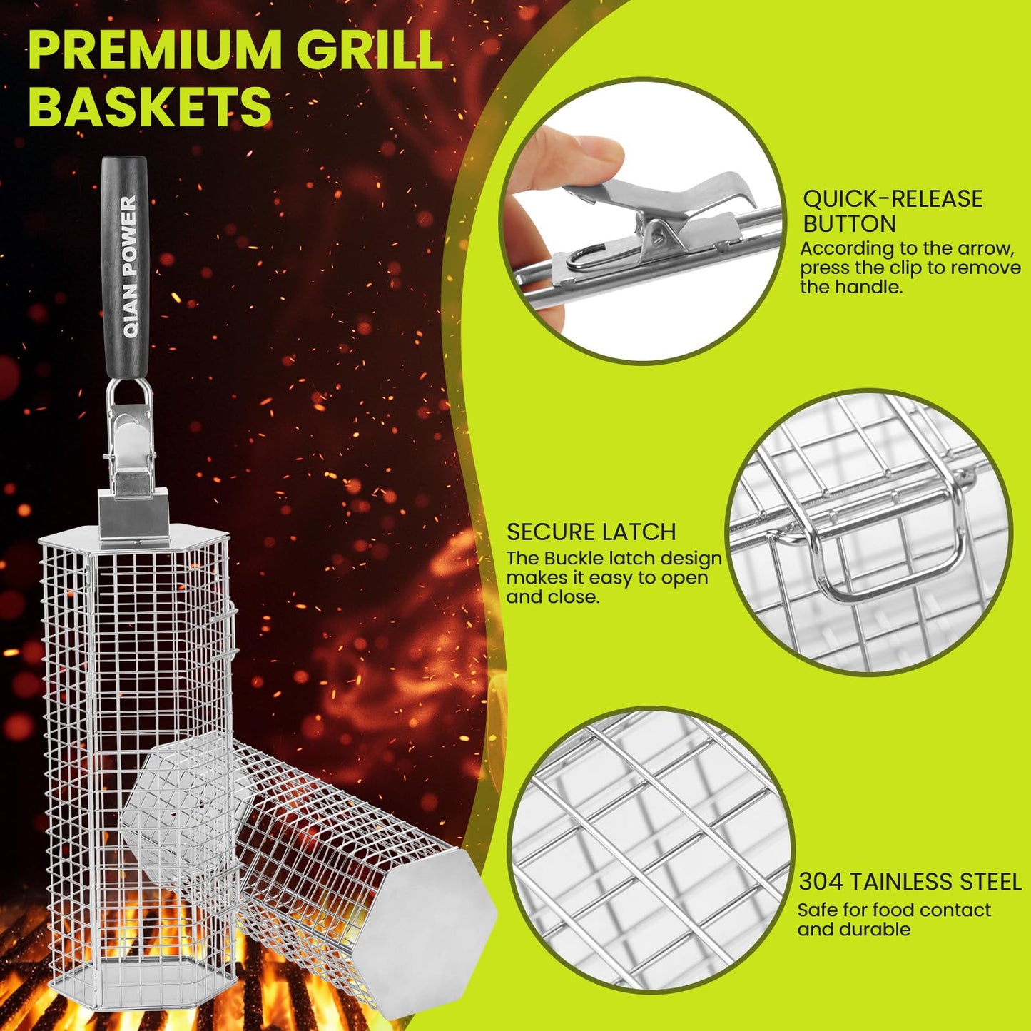Grill Baskets 2PCS 304 Stainless Steel with Removable Wooden Handle Hexagon Design for BBQ Camping & Outdoor Cooking Accessories, Great Gift for Grill Lovers