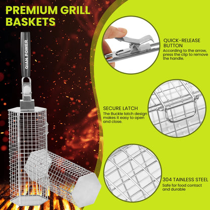 Grill Baskets 2PCS 304 Stainless Steel with Removable Wooden Handle Hexagon Design for BBQ Camping & Outdoor Cooking Accessories, Great Gift for Grill Lovers