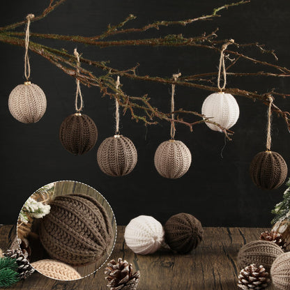 VioraWhite 12 Pcs Neutral Christmas Ornaments, 2.36 Inch Brown Crochet Christmas Balls Modern Rustic Handmade Knitted Woven Cotton Baubles for Xmas Tree Farmhouse Holiday Decor