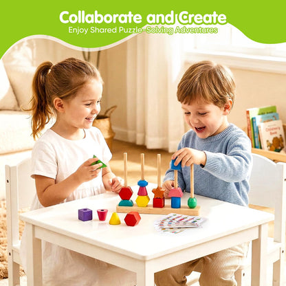 JRUXJWI Montessori Wooden Threading Beads Set for Toddlers 3 4 5, Bead Sequencing & Stacking Toy with Pattern Cards, Lacing Beads, Shape Matching Stacker, Fine Motor STEM Learning Gift