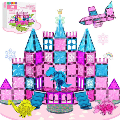 UREC 60PCS Dinosaur Toys Magnetic Tiles for Girls, Magnetic Building Blocks Sensory Dino Toy for Girl Ages 3-5 4-8 Year Old, Girl Toys Dinosaur Decorations Birthday Gifts for 3+ Years Old Kids Boys