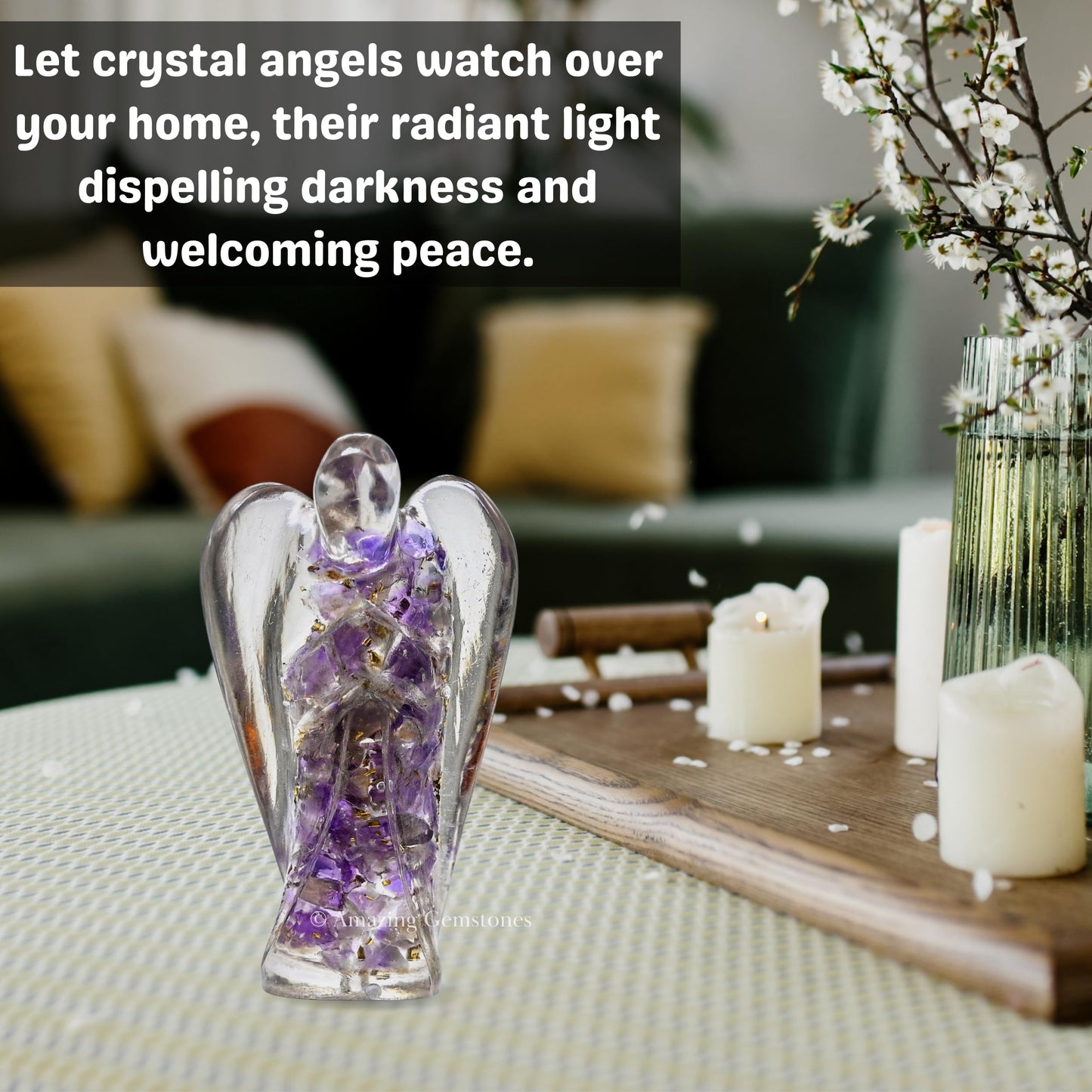 Amazing Gemstone Amethyst Guardian Angel Figurine Pocket Crystal Angel for Protection - Orgone Guardian Angel with Orgonite Layer and Natural Crystal for Healing Gift (2 Inch, Organite)