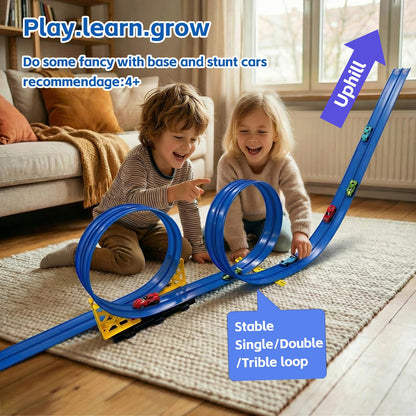 16.5 Ft Flexible Race Track with Support Compatible with 1/64 Diecast Cars, Toddle Kids Toys Christmas Birthday Gifts Party Favors for Boys Girls Grandkids Age 2 3 4 5 6 7 8 (Blue)