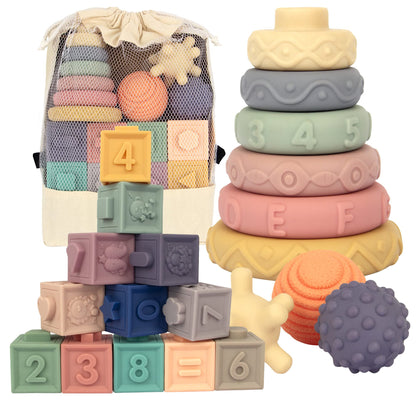 21PCS Montessori Toys for Babies,Teething Toys for Babies Months, 6 Months+, Early Educational Learning Stacking Tower, Sensory for Toddlers 1-3, Soft Rings Stacker & Teethers