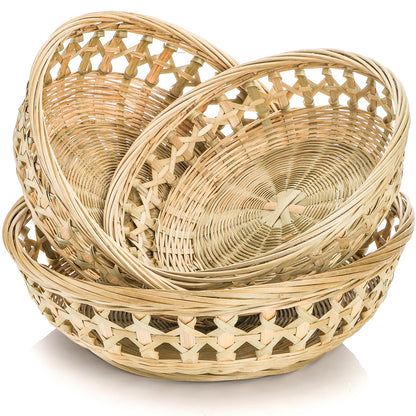 ZENFUN 3 Packs Round Woven Bread Basket, Bamboo Serving Trays, Handwoven Baskets Fruit Basket, Rattan Serving Baskets for Daily Dinning, Kitchen Organization, Stackable