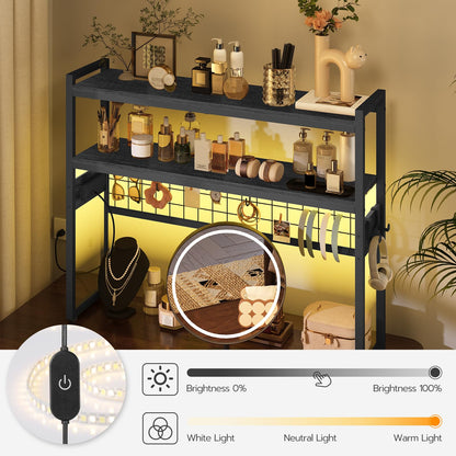 HOOBRO Desktop Bookcase, 2-Tier Desktop Organizer, 37.4" Wooden Office Storage Rack with Outlets, Display Shelf Rack with Light Strip, Desk Hutch for Office, Black BB13UDSJ01