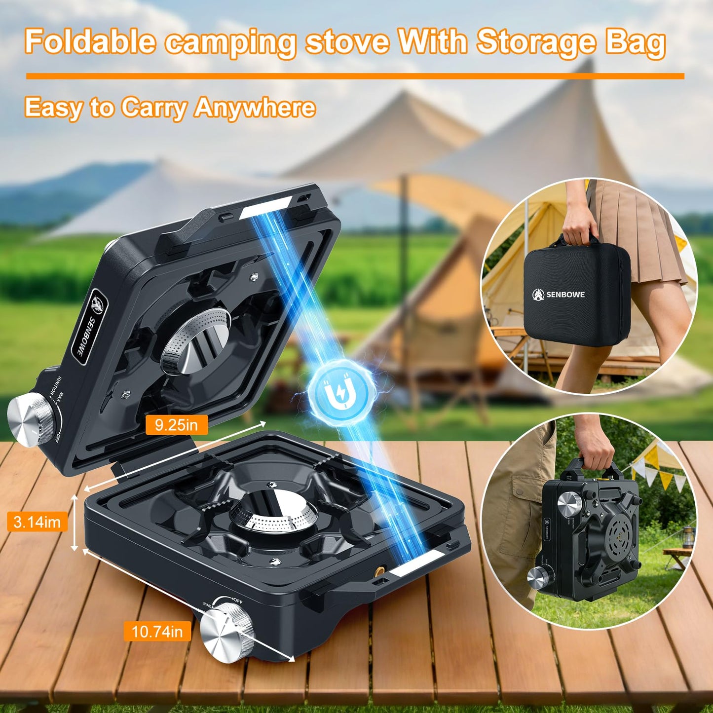 2-Burner Pro Camping Stove,24000 BTU Camp Stove,Foldable Propane Stove Includes Carry Bag,Windscreen Griddle, Portable Stove,Camping Essentials,Suitable For Outdoor Cooking,Tailgating,Grilling (Black)