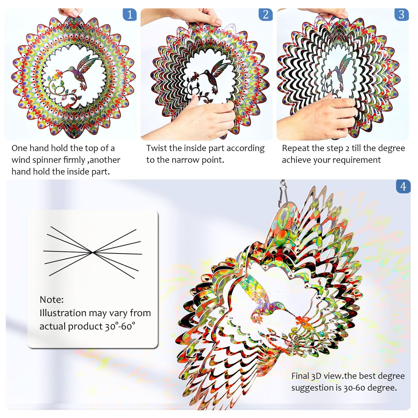 Aoedelyart Hummingbird Wind Spinner for Yard and Garden,12in 3D Wind Spinner Hummingbird Gift for Women/Mother/Father/Men,Hanging Bird Wind Catchers Kinetic Yard Art Ornaments Outdoor Wind Sculptures