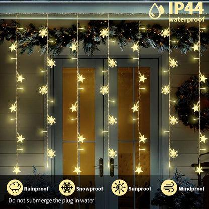 Newhale 8 Modes Christmas Curtain String Lights with Snowflake and Star, USB Plug in Wall Lights Christmas Decorations Indoor, Xmas Window Light Decor, Warm White