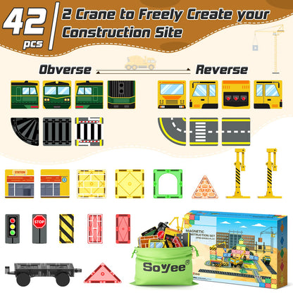 Soyee Magnetic Tiles Magnetic Construction Toys with 2 Cranes Boys Toys for Ages 3-5 5-7 Magnet Building Blocks Chritmas Gifts Boys Sensory Autism Montessori Toys Gift for 3+ Year Old