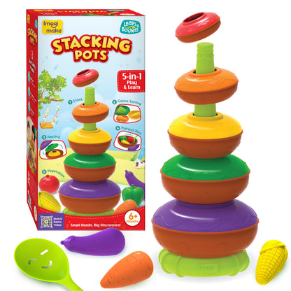 Imagimake Stacking Pots Toys | Leaps & Bounds 6+ Month Old Baby Toy | Learning Toy for Infant & Toddler | 5-in-1 Play & Learn | Stacking, Nesting, Pretend Play | First Birthday Gifts for Girls & Boys