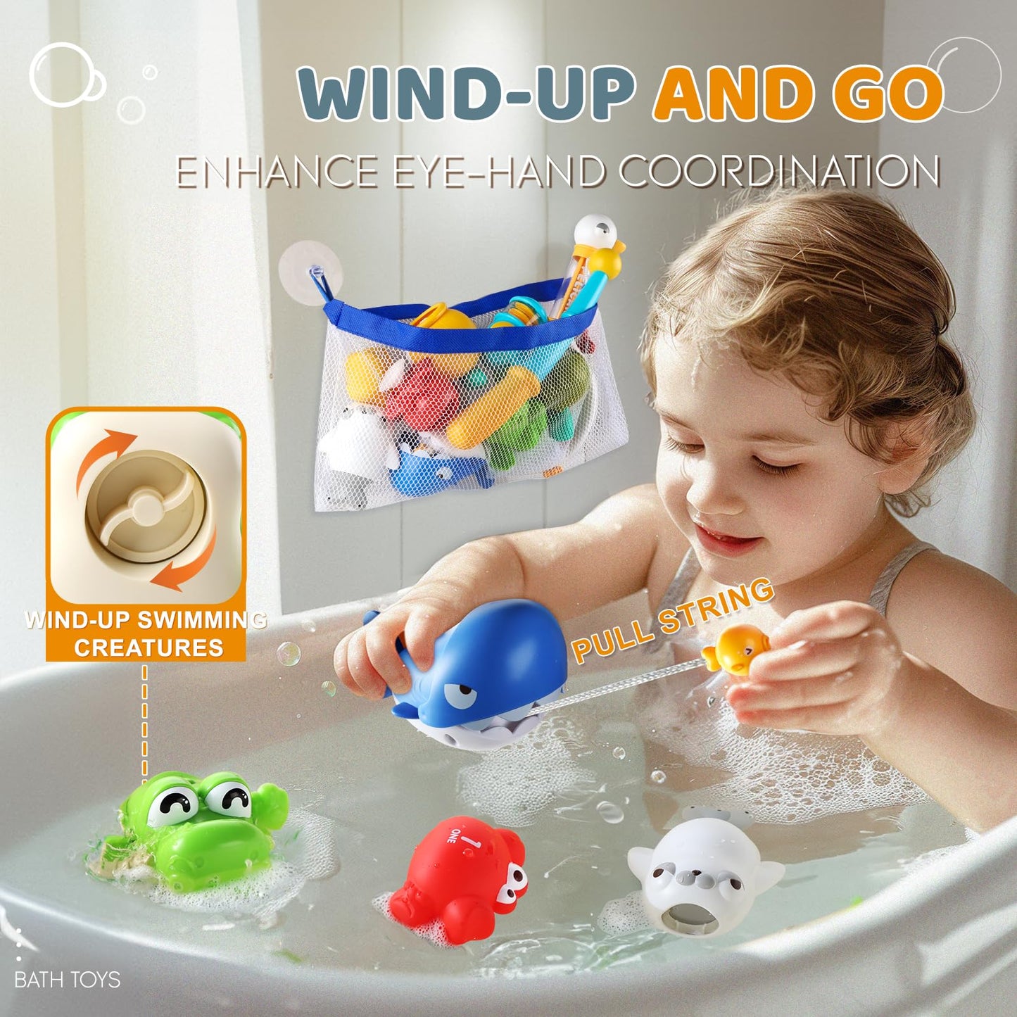 Aprilwolf Bath Toys for Kids, Magnetic Fishing Toys with Storage Bag and Light up Star, Wind Up Creatures Baby Bathtub Birthday Gifts for Toddlers 2-4 Boys Girls, 11 Pcs Set