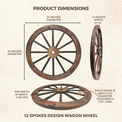 Rustic Western 24" Wood Wagon Wheel Decor, Fully Painted 1.2" Thick Farmhouse Country Barn Wall Art, 12-Spoke Sturdy Wood with Protective Coating for Indoor & Outdoor Display, Great Holidays Gift | Western Wall Art
