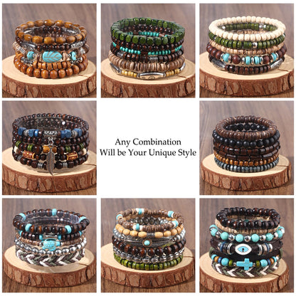Giovanchi 44 PCS Beaded Bracelets for Mens Larger Size Women Adjustable Boho Punk Braided Wooden Bead Bracelet Bulk Wood Bangles Wristbands Meaningful Jewelry Gift