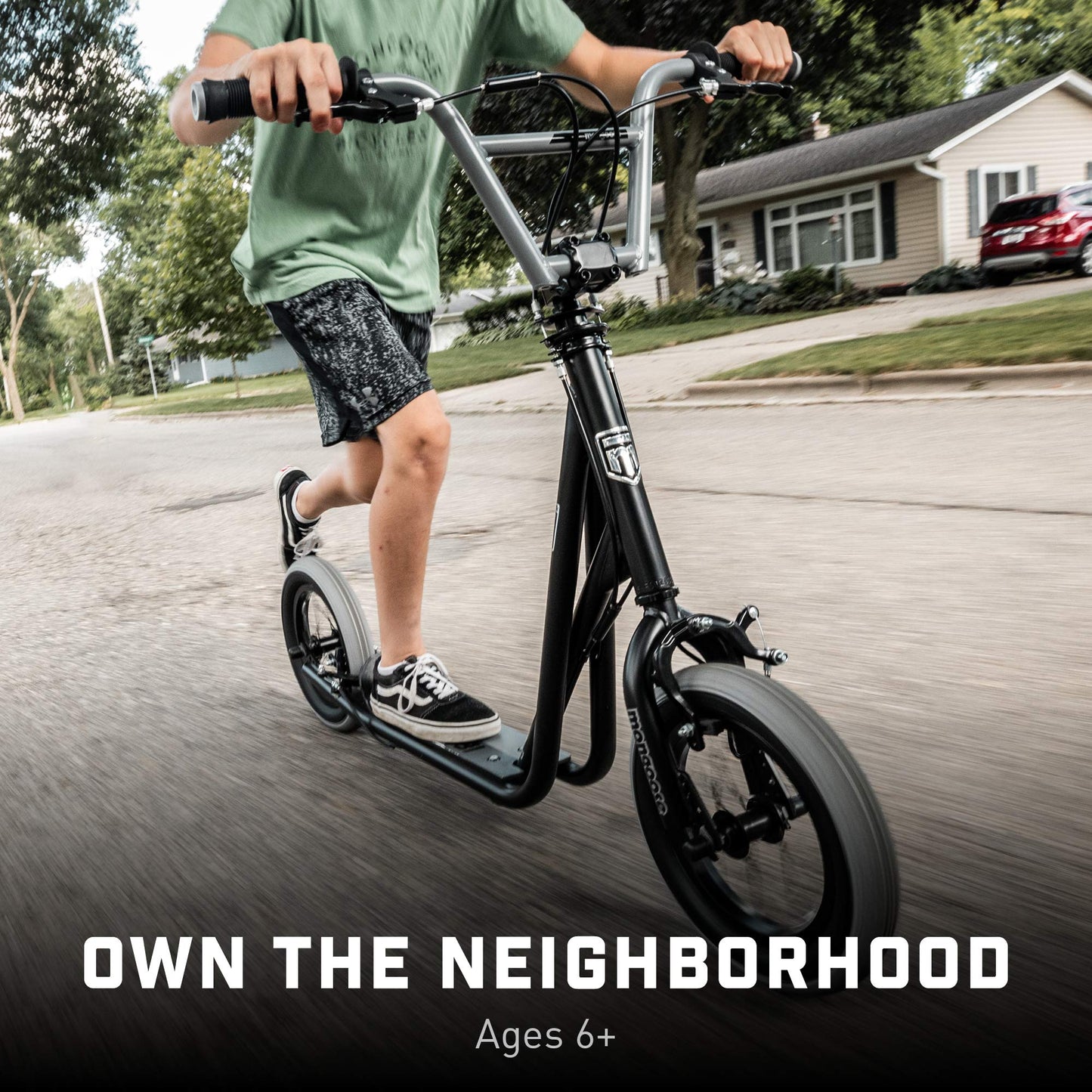 Mongoose Expo Scooter, Ages 6+, 12-Inch Air-Filled Wheels, BMX-Style Handlebars, Steel Frame, Wide Foot Deck, Axle Pegs, Freestyle Gyro Brake Rotor, Kick Scooter for Boys and Girls