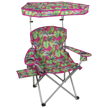 Tommy Bahama Extra-Wide Folding Beach Chair with Max Shade Canopy, Side Table, and Cup Holders, 25" W Outdoor Portable Camping Chair with Canopy, Supports up to 500 lbs., Pink/Green