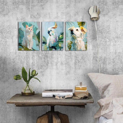 Family Pets Wall Art Cute Abstract Animal Wall Decor for Bedroom Nursery Cat Parrot Dog Pictures Boho Tropical Botanical Leaves Canvas Painting Modern Artwork Living Room Bathroom Decoration 12x16" 3P