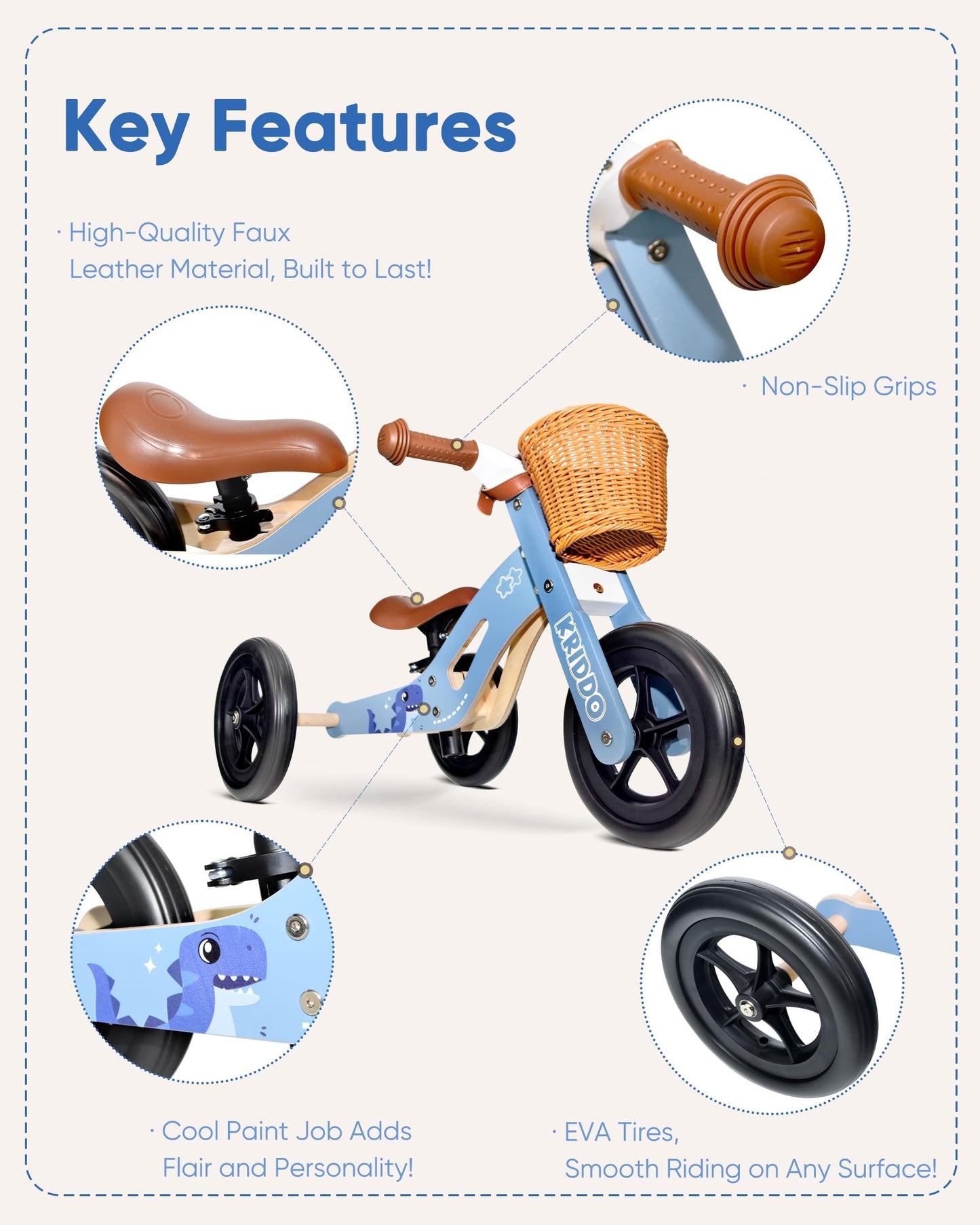 KRIDDO 2 in 1 Wooden Kids Tricycle and Balance Bike with Pattern for 1-4 Years Old, No-Pedal Tricycle and Toddler Balance Bike with Basket and Adjustable Seat, Ideal for Outdoor and Indoor, Blue