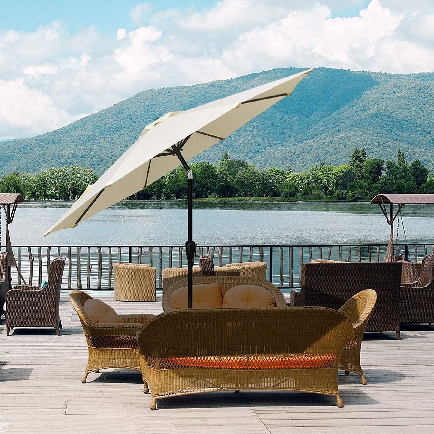 Simple Deluxe 9' Patio Umbrella Outdoor Table Market Yard Umbrella with Push Button Tilt/Crank, 8 Sturdy Ribs for Garden, Deck, Backyard, Pool, Beige
