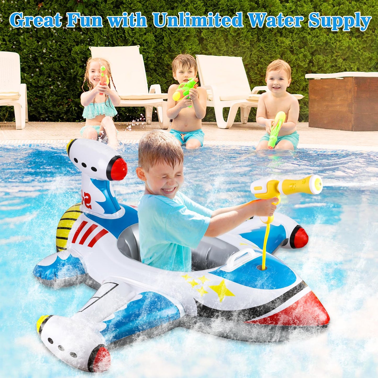 Baby Airplane Pool Float with Squirt Gun & Handle, Inflatable Toddler Swimming Boat for Kids Age 1-4, Summer Water Toy for Boys & Girls, Portable Swim Ring Ride-ons for Beach & Pool
