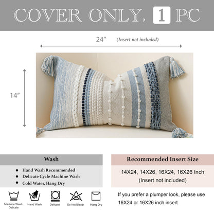 BlissBlush Decorative Lumbar Throw Pillow Cover 14x24 Boho Coastal Blue Accent Cushion for Couch Sofa Farmhouse Pillowcase for Bedroom Living Room Home Décor Cover ONLY