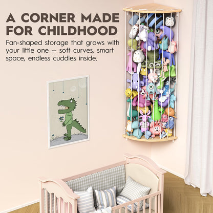 Zayysoha Corner Stuffed Animal Storage Zoo, Large Adjustable Solid Wood Plush Toy Organizer, Hanging Stuffie Holder Shelf & Cage with Engraved Dinosaur Star Moon for Kids Nursery Playroom