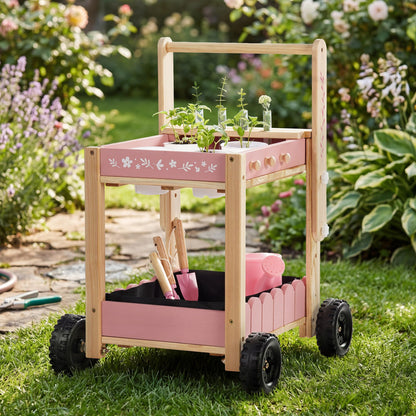 ROBOTIME Kids Gardening Tools with Cart Wheelbarrow - Wooden Outdoor Garden Toys Set with Watering Can, Shovel, Hand Rake & Plant Labels, Outdoor Backyard Play Toys for Toddler Gift (Pink)