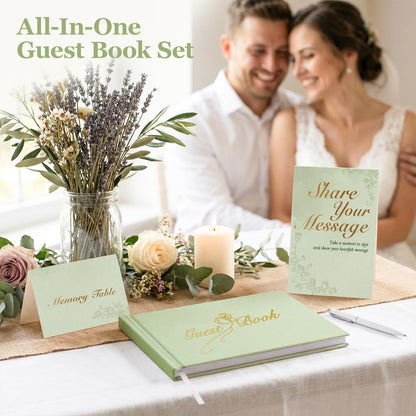 Guest Book for All Occasions – Sage Green Linen Hardcover with Gold Foil, 120 Acid-Free Blank Pages, Includes Table Sign & Welcome Card | 8.66x6.69" Sign-In Book for Wedding, Garden Party & More