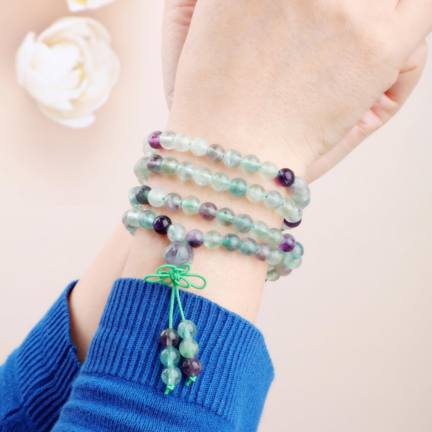 AD Beads 6mm 108 Prayer Mala Fluorite Elastic Bracelet - Wisdom and Creativity - Handmade Yoga Meditation Healing Power Energy Gifts for Unisex Adult.