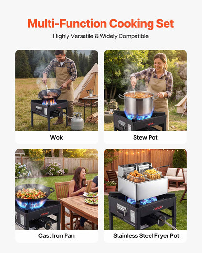VEVOR Single Burner Outdoor Propane Gas Stove, 200,000 BTU Propane LPG Gas Camping Stove, Heavy Duty Carbon Steel Outdoor Cooker, with Shield & 20 PSI Regulator, for BBQ Camp Home Patio Seafood Boil