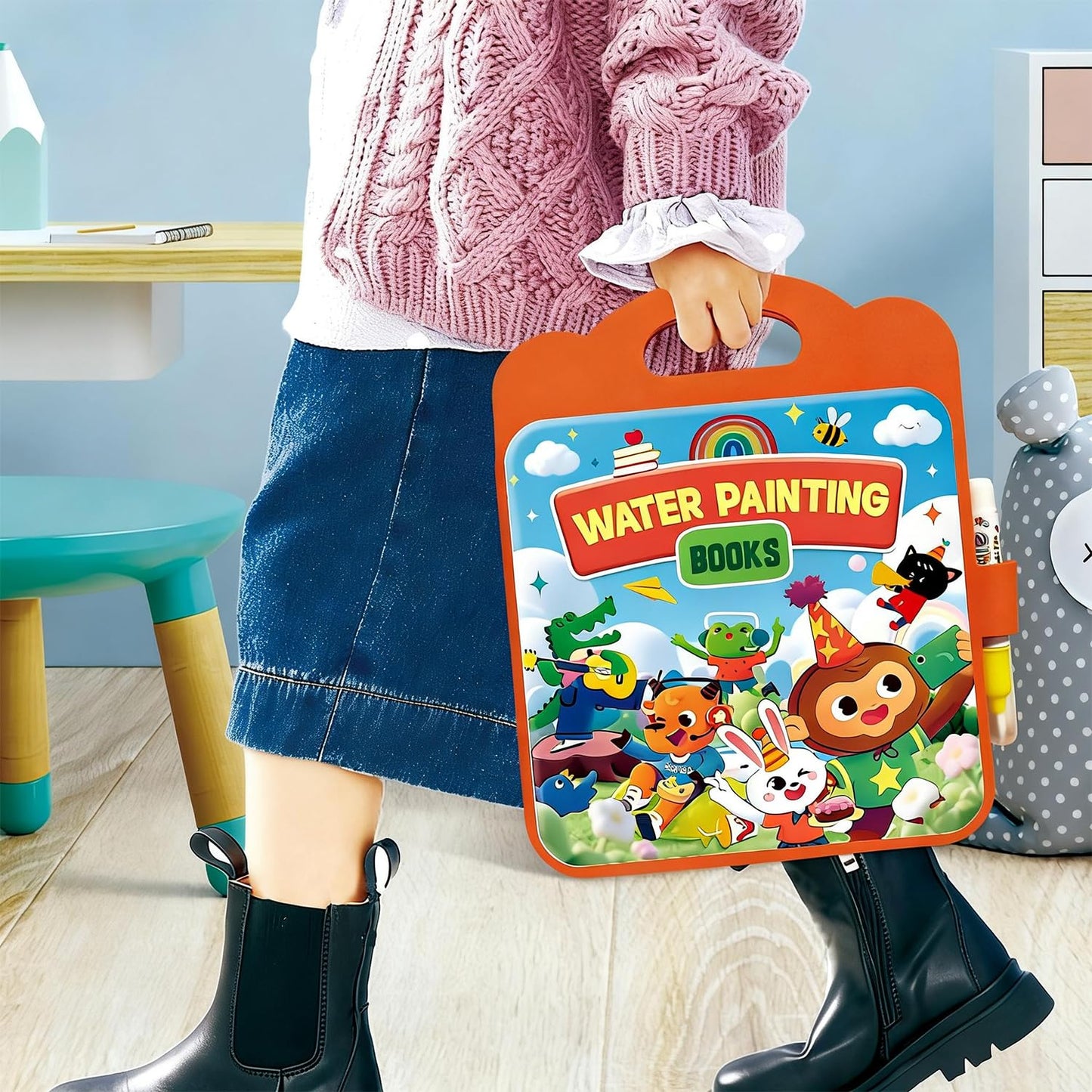 Usmfuie 3 Pcs Reusable Water Painting Book for Toddlers, Water Coloring Books for Kids, Paint with Water Books, Magic Water Color Paint Book with Pen, Water Doodle Book Travel Toys