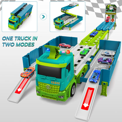 Carrier Truck Race Track Toddler Toys, Foldable 3 Layer Toddler Track Playset, Dinosaur Toy Truck Transport Car Carrier & 8 Race Cars, Truck Car Kids Toy Gifts for Age 3 4 5 6+ Year Old Boys Girls