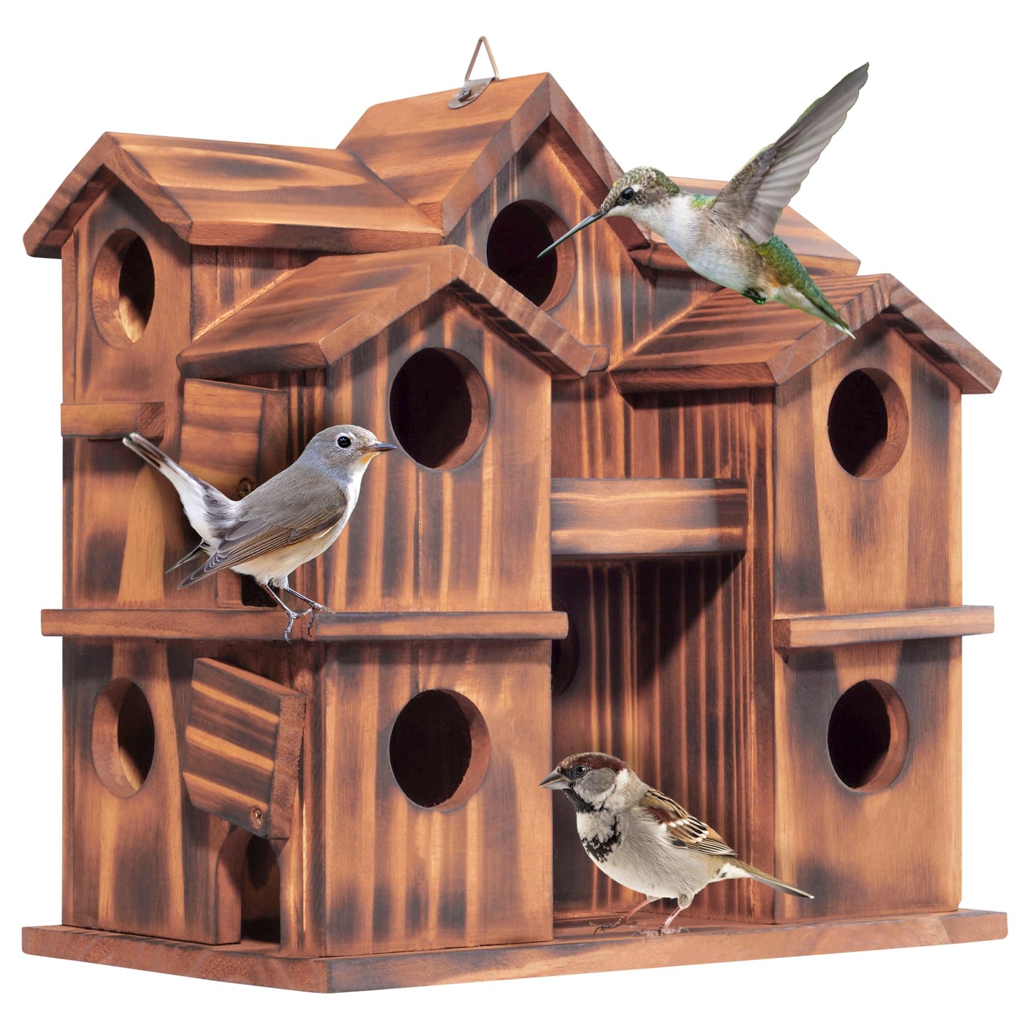 MIXUMON Wooden Bird Houses for Outside – 10 Rooms Multi-Chamber Bird House, Carbonized Pine Rustic Finish, 1.57" Entrance Holes, Individual Cleaning Doors, Decorative Outdoor Bird Nesting Box
