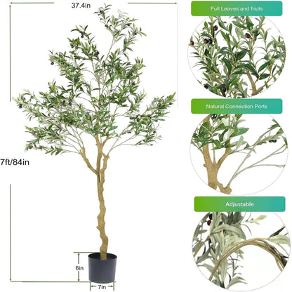 Nafresh Tall Faux Olive Tree，7ft（84in） Realistic Potted Silk Artificial Indoor with Green Leaves and Big Fruits for Home Office Living Room Bedroom Stairs Foyer Decor.