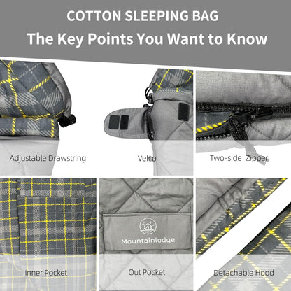 Mountainlodge 100% Cotton Shell and Lining Sleeping Bag for Adult Cold Weather with Compression Bag&Carry Bag for Camping,Travel and Car Camping (Little Grid Grey with Right Hand)