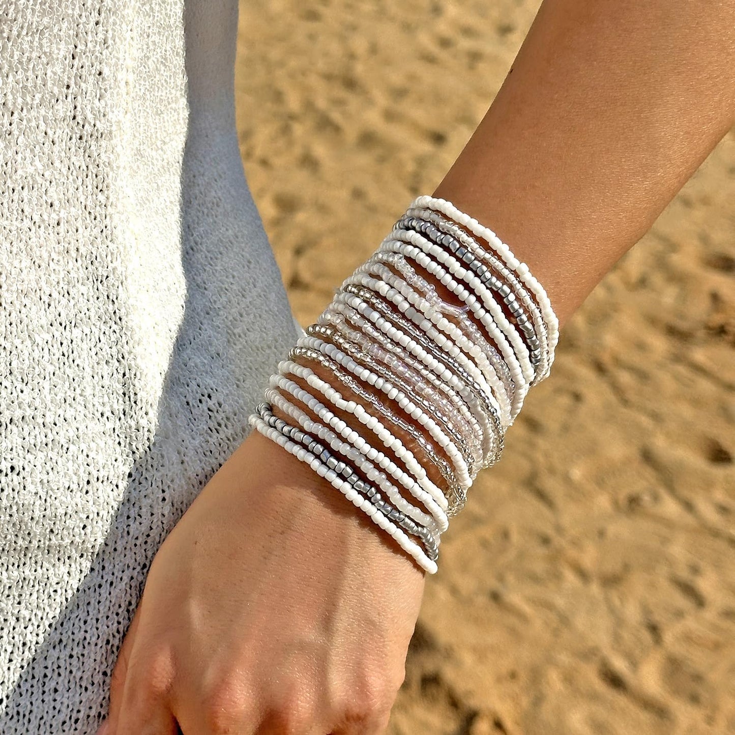 xuzhiyuan Boho Colorful Stackable Crystal Glass Beads Stretch Bracelets Multilayered Bracelets for Women Bohemian Jewelry-White 20pcs