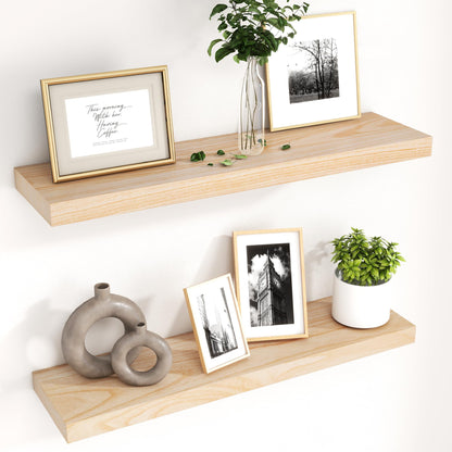 fuqing 30 Inch Floating Shelves | Natural Wood Wall Shelves Set of 2 | 30" W x 6.7" D Natural Wooden Floating Shelves for Living Room Bedroom Home Office