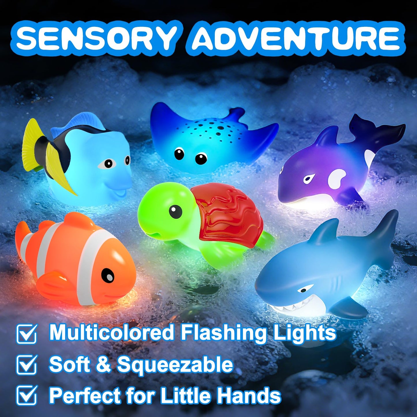 KODGEUSM Light Up Bath Toys,Mold Free No Hole Baby Bath Toys for Toddlers,Water-Activated Lights Flashes and Change Color Ocean Animal,Sensory Toys for Kids,Water Table,Bathtub,Shower,Pool