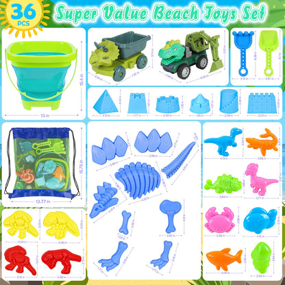 Beach Toys, 36Pcs Dinosaur Sand Toys for Kids Toddlers, Sandbox Toys with 2 Truck, Collapsible Beach Bucket, Mesh Bag, Sand Molds, Sand Castle Building Kit, Travel Beach Toy for Kids Toddlers Ages3-12