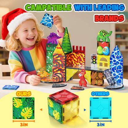 Magnetic Tiles with 4 Dinosaur Toys - Jurassic Scenes Dino World Magnet Tiles for Kids, Magnetic Building Blocks Set for Boys Girls Ages 3+, Sensory Toddler Creative Games Birthdays Gifts