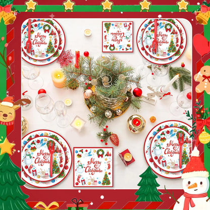 Slynxr 125PCS Christmas Party Supplies with Christmas Paper Plates and Napkins, Paper Cups & Forks Disposable Holiday Snowman Snowflake Party Supplies Decoration Serves 25