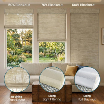 WEFFORT Motorized Roman Shades, Woven Woods Shades, Work with HomeKit/Alexa/Google Home, Cordless, Custom Size, Crocheting Kenaf
