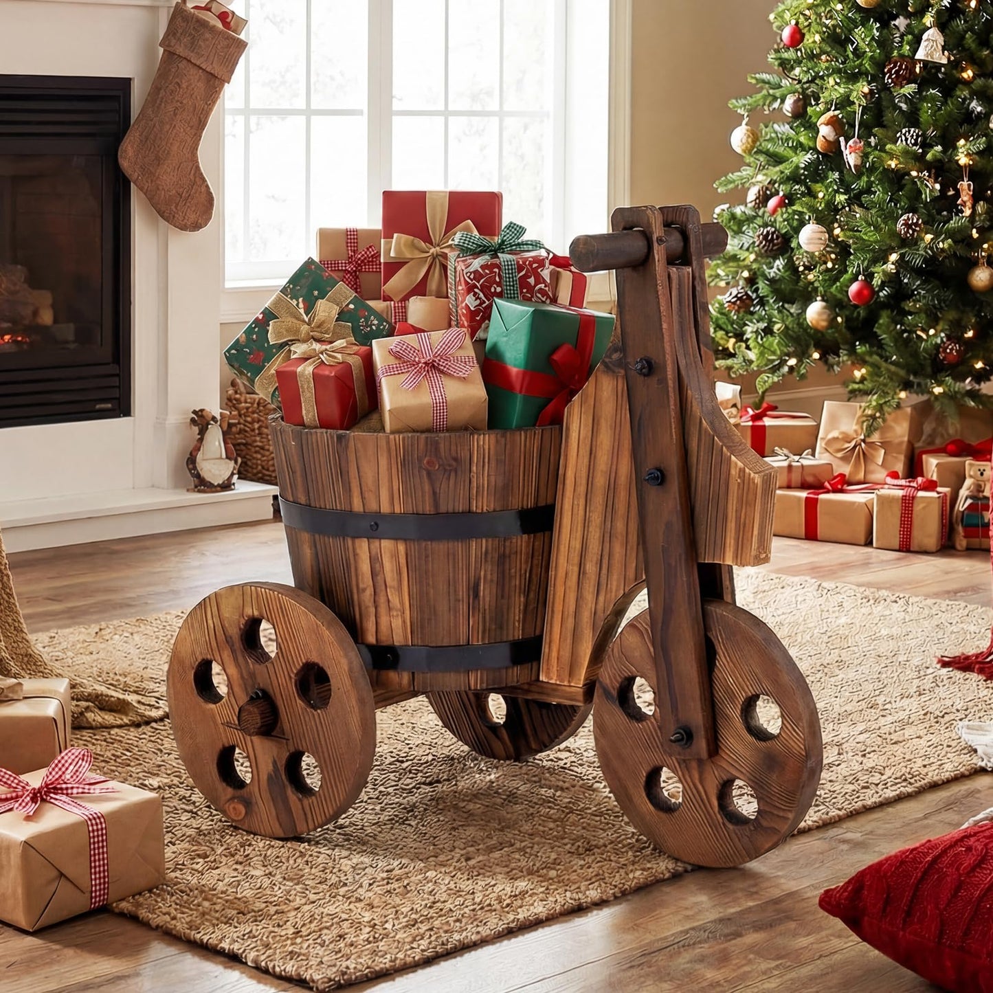 HAPPYGRILL Wooden Wagon Planter, Rustic Wood Wheelbarrow Planter w/3 Wheels,Drainage Hole & Storage Box for Growing Vegetables Herbs, Indoor Outdoor Flower Pot Cart for Patio Balcony Garden Decor (1)