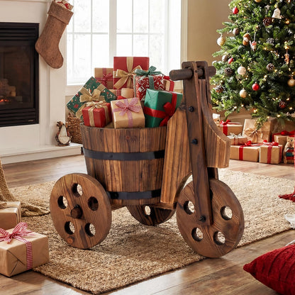HAPPYGRILL Wooden Wagon Planter, Rustic Wood Wheelbarrow Planter w/3 Wheels,Drainage Hole & Storage Box for Growing Vegetables Herbs, Indoor Outdoor Flower Pot Cart for Patio Balcony Garden Decor (1)