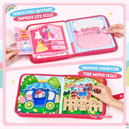 JoyCat Travel Toys for Toddlers 1-3, Princess Busy Book – Busy Book for 1 Year Old, Dress-Up, Unicorn & Castle Play –Quiet Toy Fine Motor Skills, Easter Basket Stuffers Gifts for Kids Girl