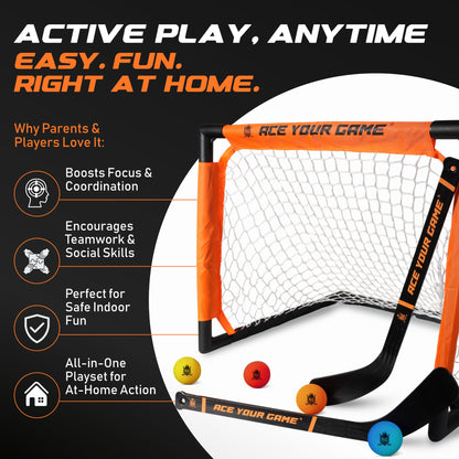 ACE HOCKEY - Shinny Hockey Set - Complete 2-Player Indoor/Outdoor Kit - Knee Hockey Goal Set (1) Goal, (2) Mini Sticks, and (4) Foam Balls - Mini Hockey Set