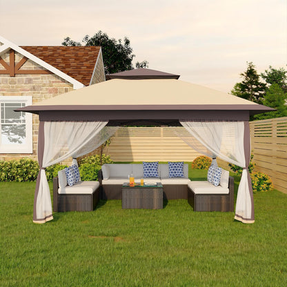 Canopy Tent 13x13 ft, Pop Up Gazebo One-Push Setup with 4 SandBags for Backyard Parties and BBQs, Mosquito Netting & Height Adjustable - Khaki & Coffee