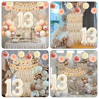 Beige 13th Birthday Decorations Girls Boys Cream Number 13 Balloon Nude Gold Happy Birthday Banner Fringe Curtain Paper Pom Poms Blush White Sand Champagne Star Foil Balloons Neutral Boho Party Decor