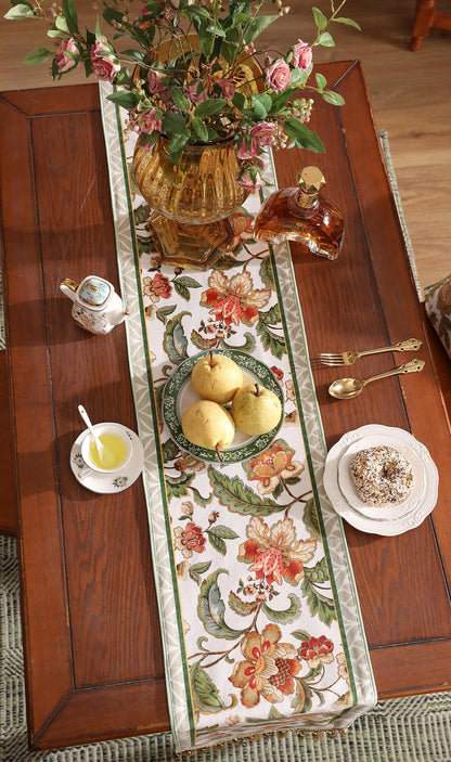 patdrea Designer Elegant French Floral Velvet Table Runner, Fresh Green with Orange Blossoms Pattern Table Mat, Decoration for Kitchen Dining Coffee Table Cabinet Banquet Thanksgiving,12"*71"